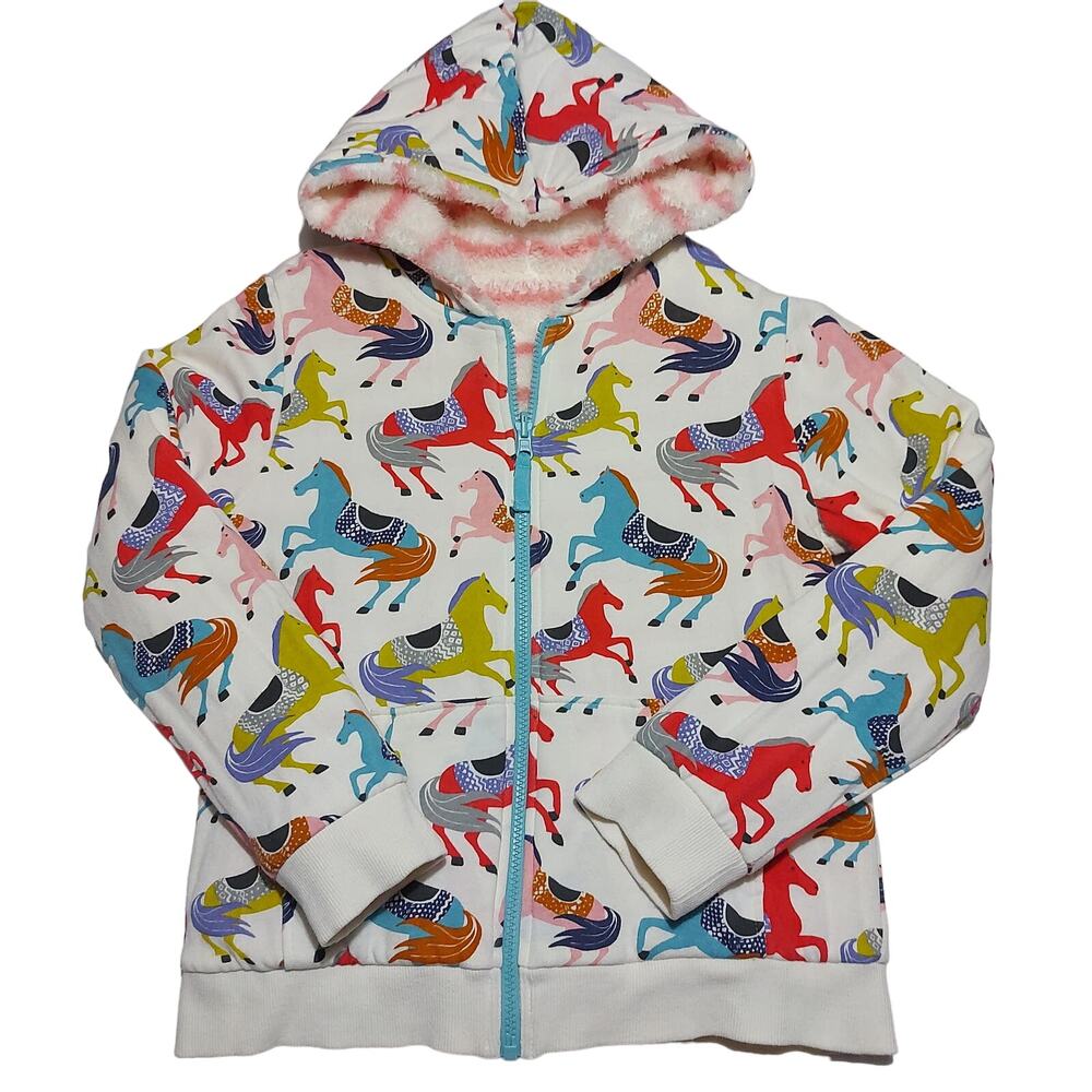 Mini Boden reversible horse print striped shaggy fleece zip-up hoodie
